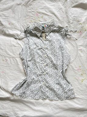 E.K.O Y2K Blue Cream Floral Cottagecore Button Up Top Size XL